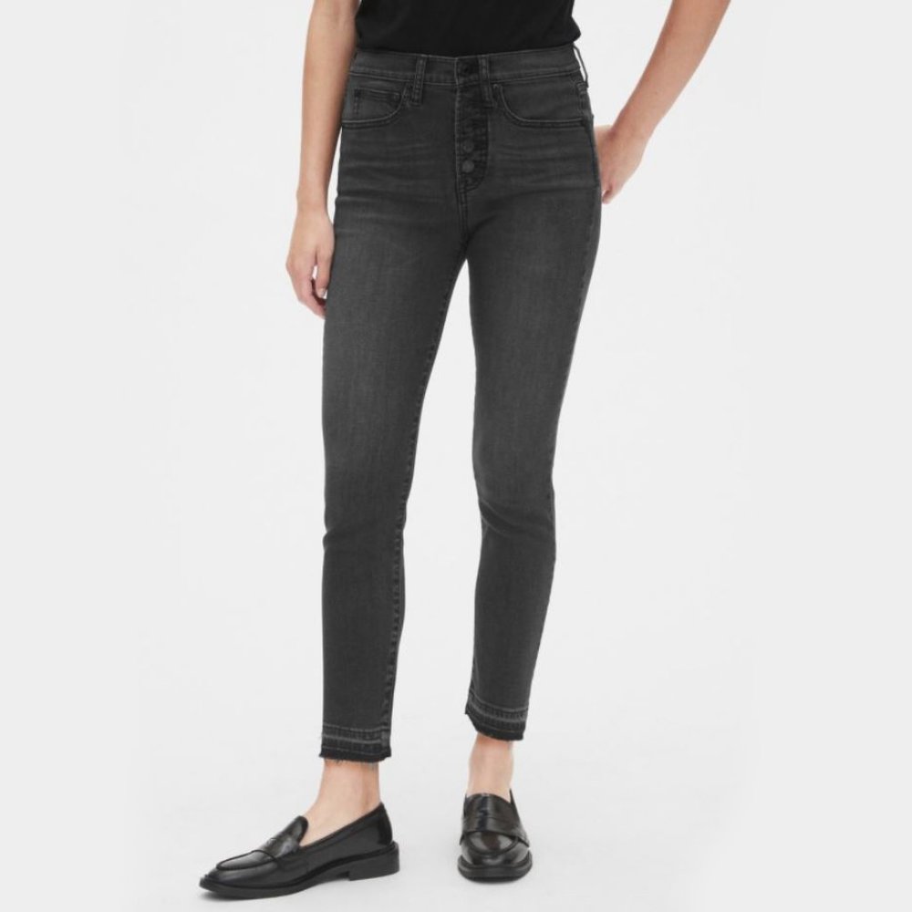 GAP True Skinny Button Fly Raw Hem Black Denim High Rise Stretch Jeans 4/27 R
